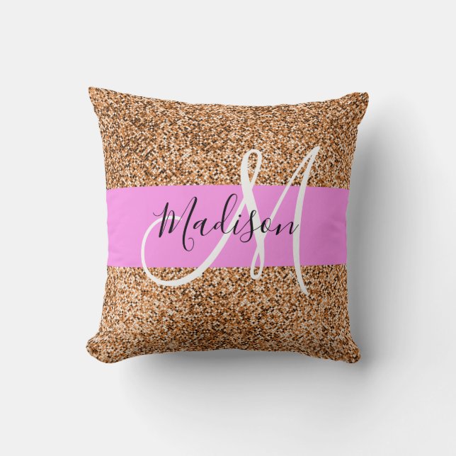 Chic Pink & Pumpkin Glitter Sparkles Monogram Name Throw Pillow (Front)