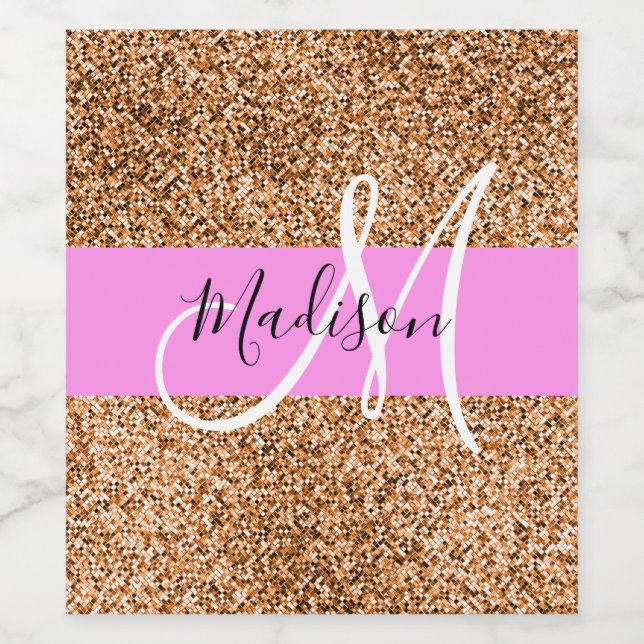 Chic Pink & Pumpkin Glitter Sparkles Monogram Name Wine Label (Single Label)