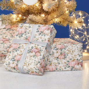 Chic Pink Pumpkin Watercolor Fall Floral Wrapping Paper