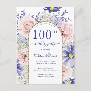 Chic Pink Purple 100th Birthday Party Invitation Postcard