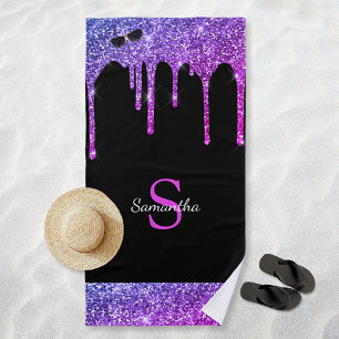 Chic Pink Purple Blue Glitter Drips Black Monogram Beach Towel