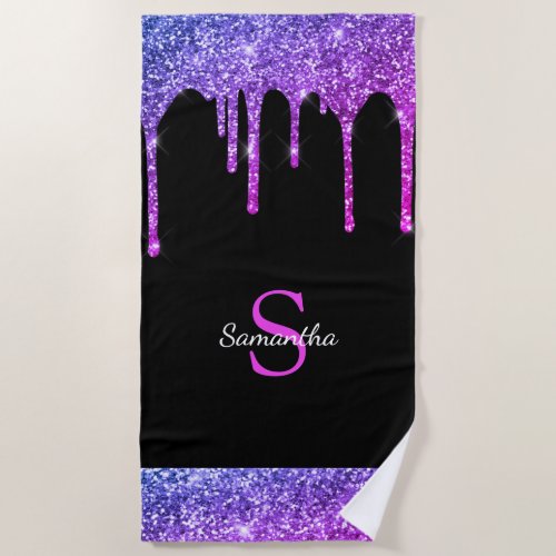 Chic Pink Purple Blue Glitter Drips Black Monogram Beach Towel