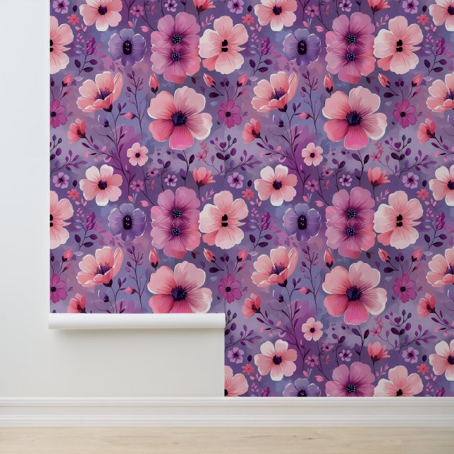 Chic Pink Purple Botanical Peel and Stick Accent  Wallpaper (Application)