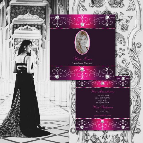 Chic Pink Purple Burgund Ornate Ornaments Add Foto Square Business Card