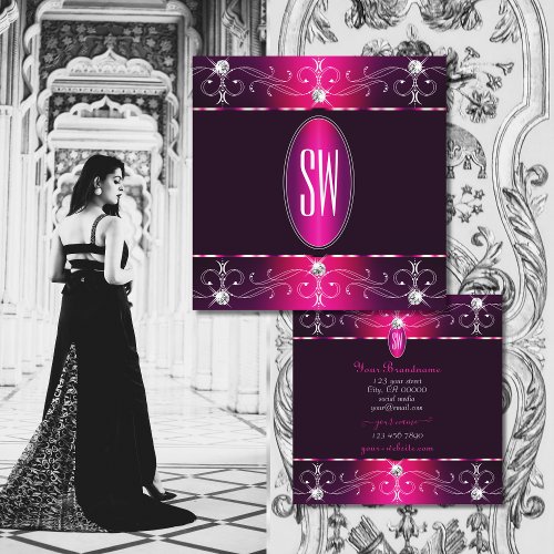 Chic Pink Purple Burgund Ornate Ornaments Monogram Square Business Card