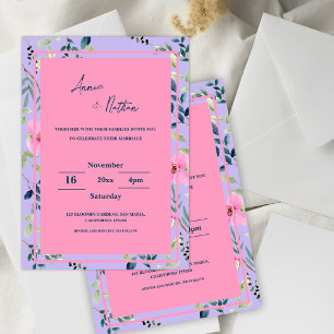Chic Pink Purple Floral Frame Wedding Invitation