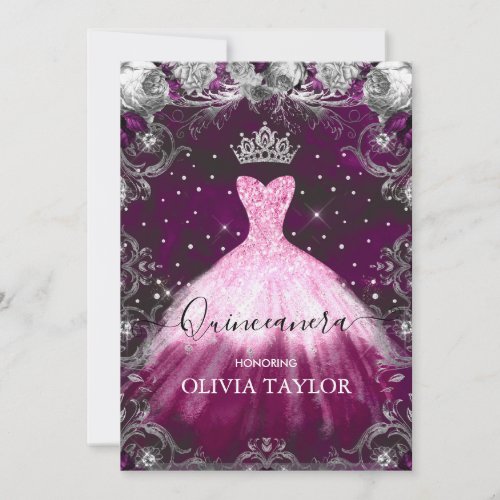 Chic pink purple floral glitter gown Quinceanera  Invitation