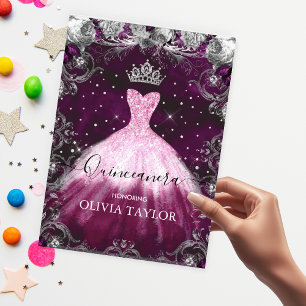 Chic pink purple floral glitter gown Quinceanera Invitation