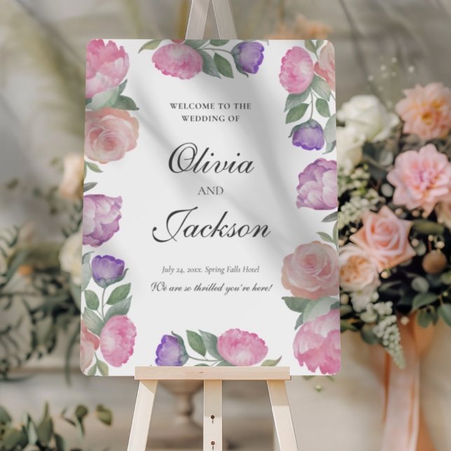 Chic Pink & Purple Flowers Wedding Welcome Foam Board (Creator Uploaded)