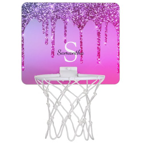 Chic Pink Purple Glitter Drips Sparkle Monogram Mini Basketball Hoop