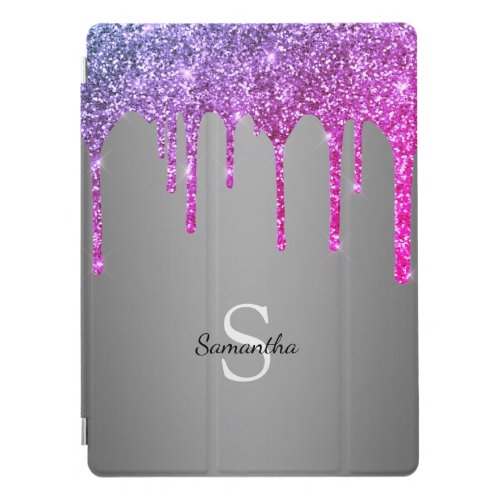 Chic Pink Purple Glitter Sparkle Drip Monogram iPad Pro Cover