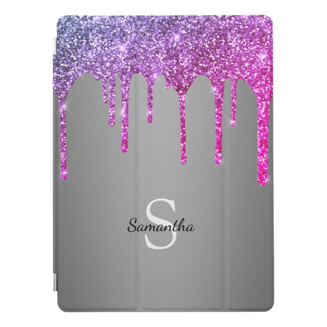 Chic Pink Purple Glitter Sparkle Drip Monogram iPad Pro Cover (Front)