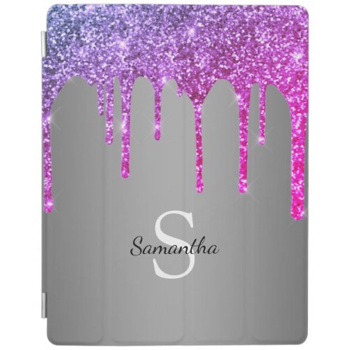 Chic Pink Purple Glitter Sparkle Drip Monogram iPad Smart Cover