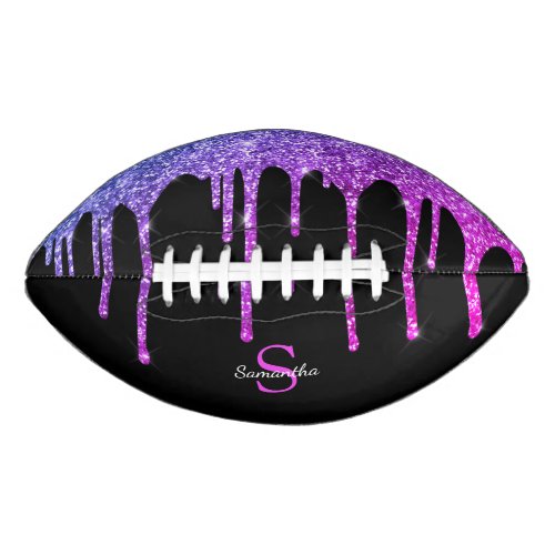 Chic Pink Purple Glitter Sparkle Drips Monogram Football