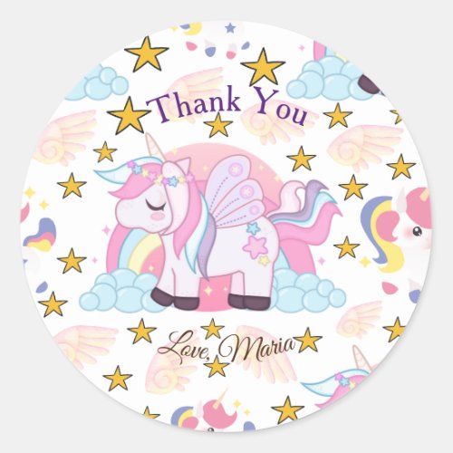 Chic Pink Purple Gold Star Unicorn Name Thank You Classic Round Sticker