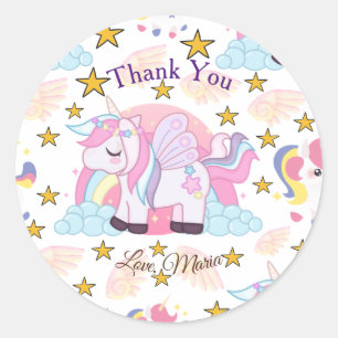 Chic Pink Purple Gold Star Unicorn Name Thank You Classic Round Sticker