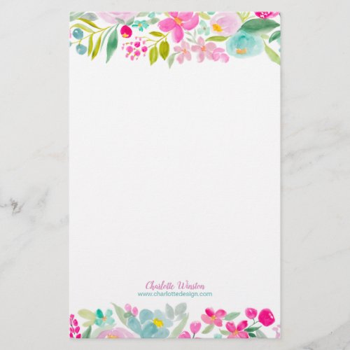 Chic pink  purple loose floral watercolor flowers stationery