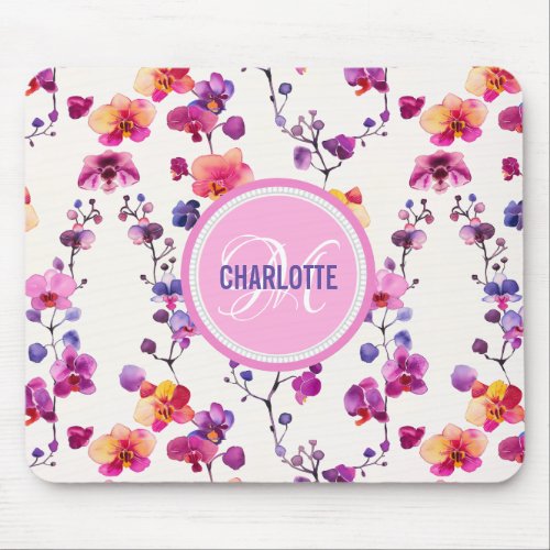 Chic pink purple orchid pattern monogrammed name mouse pad