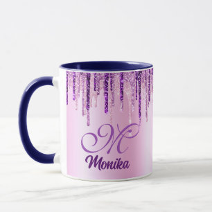Chic Pink Purple Unicorn Glitter Drips Monogram Mug