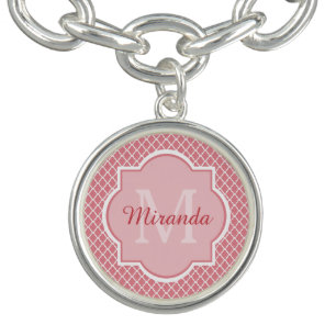 Chic Pink Quatrefoil Monogram With Name Bracelet