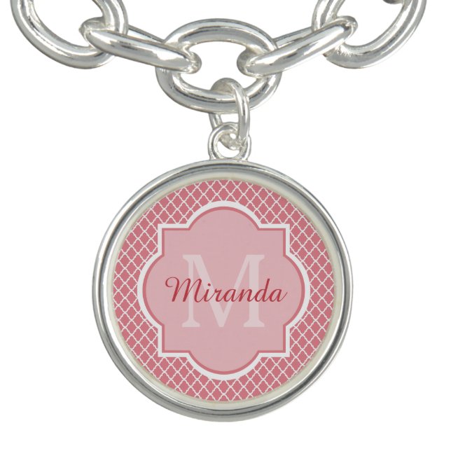 Chic Pink Quatrefoil Monogram With Name Bracelet (Design)