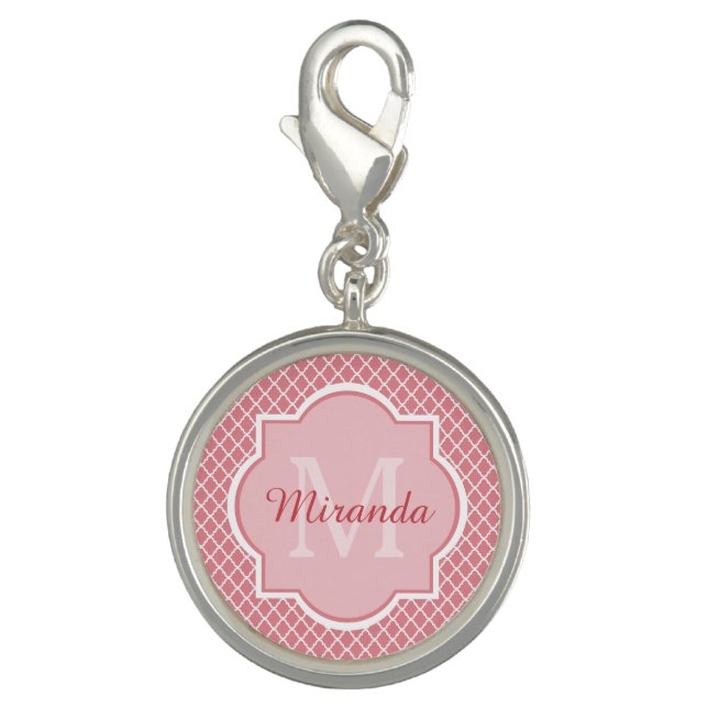 Chic Pink Quatrefoil Monogram With Name Charm (Front)