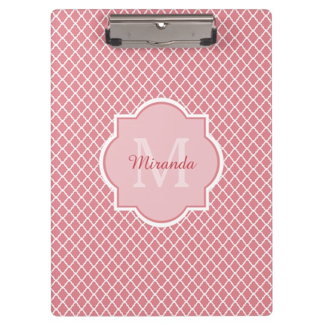Chic Pink Quatrefoil Monogram With Name Clipboard (Front)