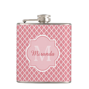 Chic Pink Quatrefoil Monogram With Name Hip Flask
