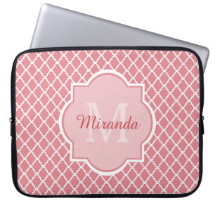 Chic Pink Quatrefoil Monogram With Name Laptop Sleeve