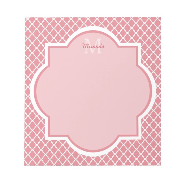 Chic Pink Quatrefoil Monogram With Name Notepad (Front)