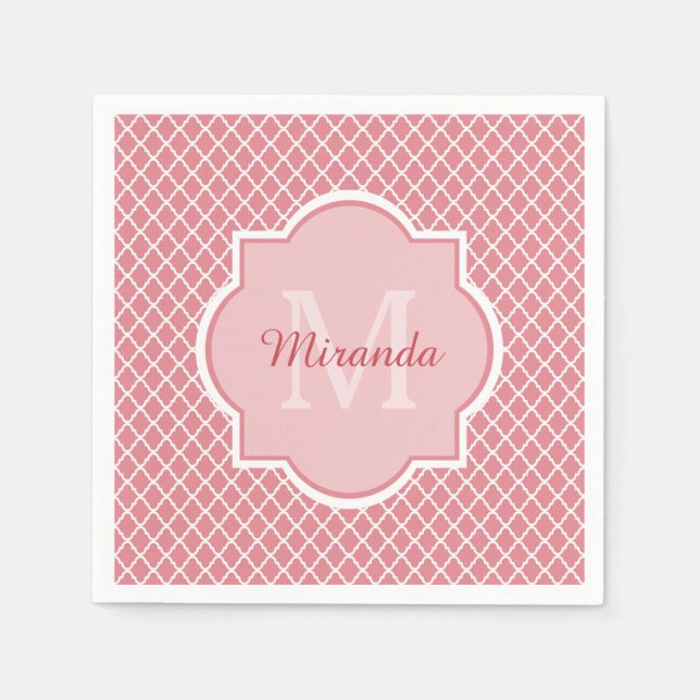 Chic Pink Quatrefoil Monogram With Name Paper Napkins (Front)