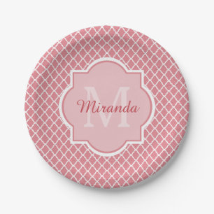 Chic Pink Quatrefoil Monogram With Name Paper Plates