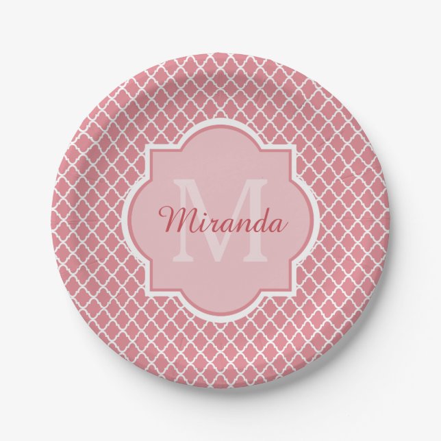 Chic Pink Quatrefoil Monogram With Name Paper Plates (Front)