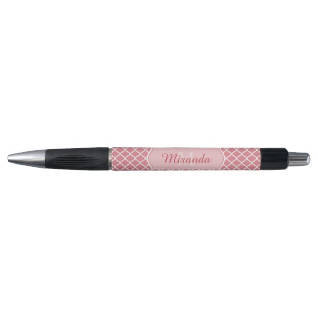 Chic Pink Quatrefoil Monogram With Name Pen (Front)