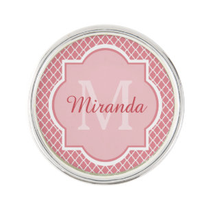 Chic Pink Quatrefoil Monogram With Name Pin
