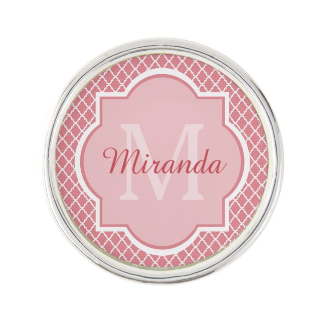 Chic Pink Quatrefoil Monogram With Name Pin (Front)
