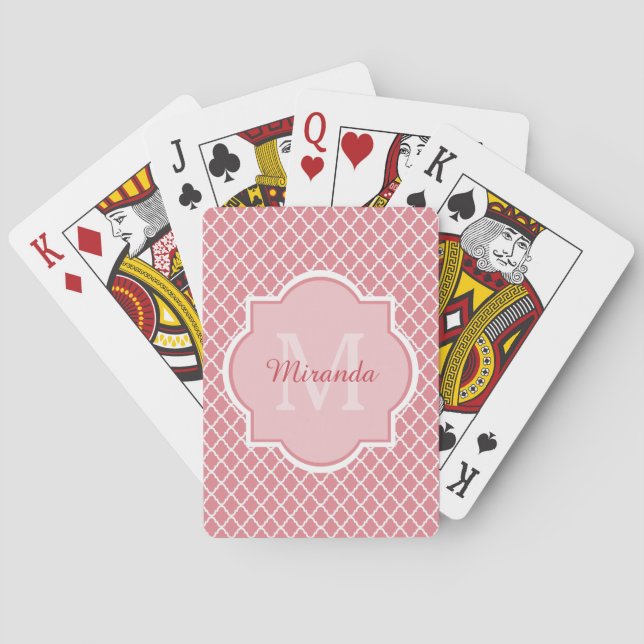 Chic Pink Quatrefoil Monogram With Name Poker Cards (Back)