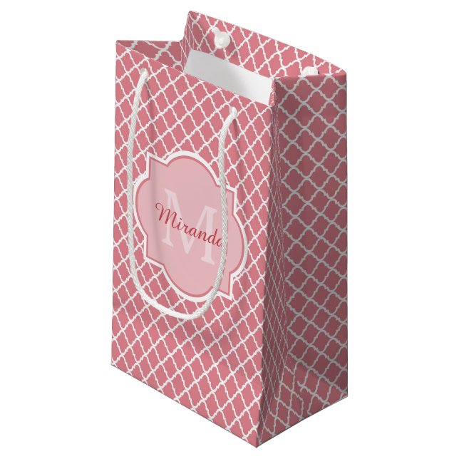 Chic Pink Quatrefoil Monogram With Name Small Gift Bag (Front Angled)