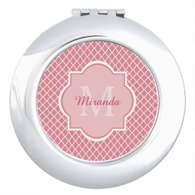 Chic Pink Quatrefoil Monogram With Name Vanity Mirror (Front)