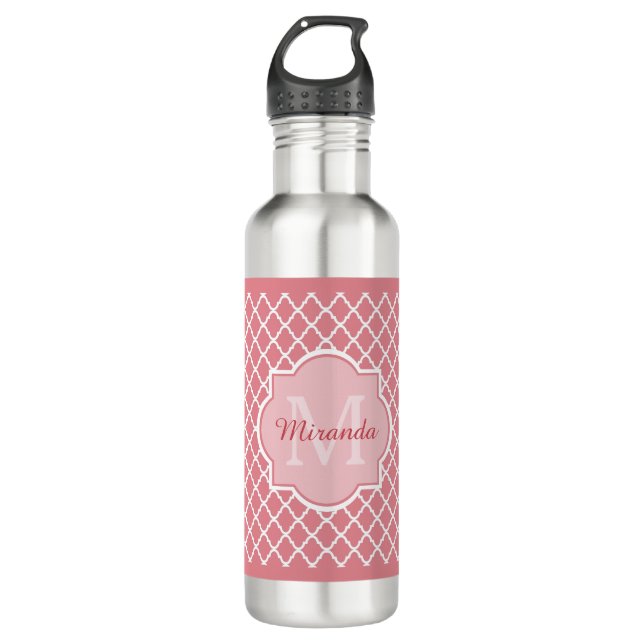 Chic Pink Quatrefoil Monogram With Name Water Bottle (Front)