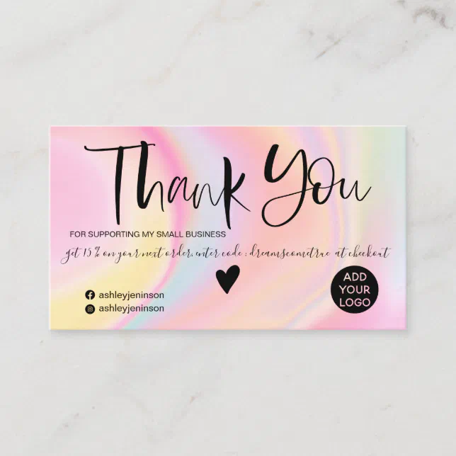 Chic pink rainbow unicorn marble brush thank you business card | Zazzle