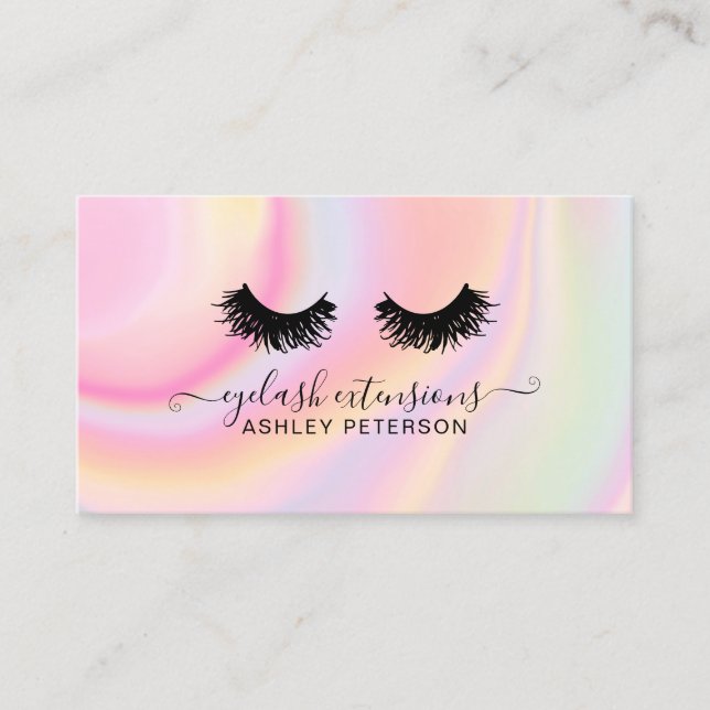 Chic pink rainbow unicorn marble eyelashes business card (Front)