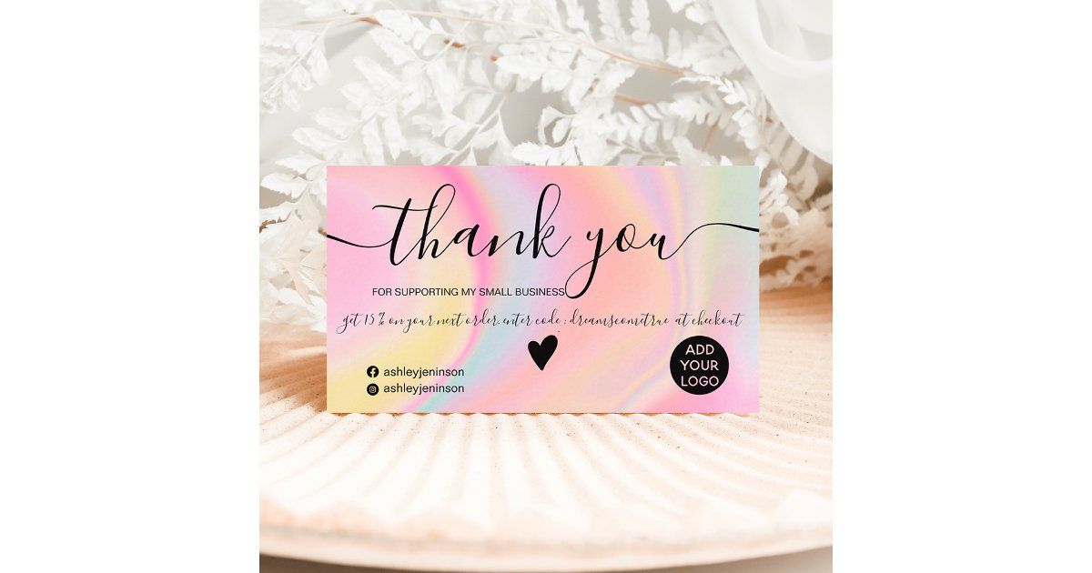 Chic pink rainbow unicorn marble order thank you business card | Zazzle