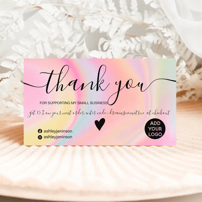 Chic pink rainbow unicorn marble order thank you business card | Zazzle