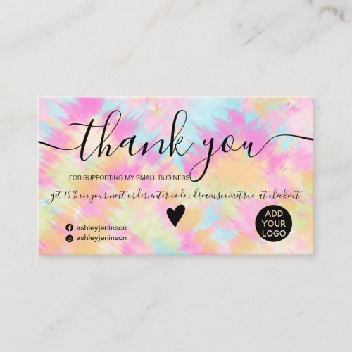 Chic pink rainbow unicorn tie dye order thank you business card