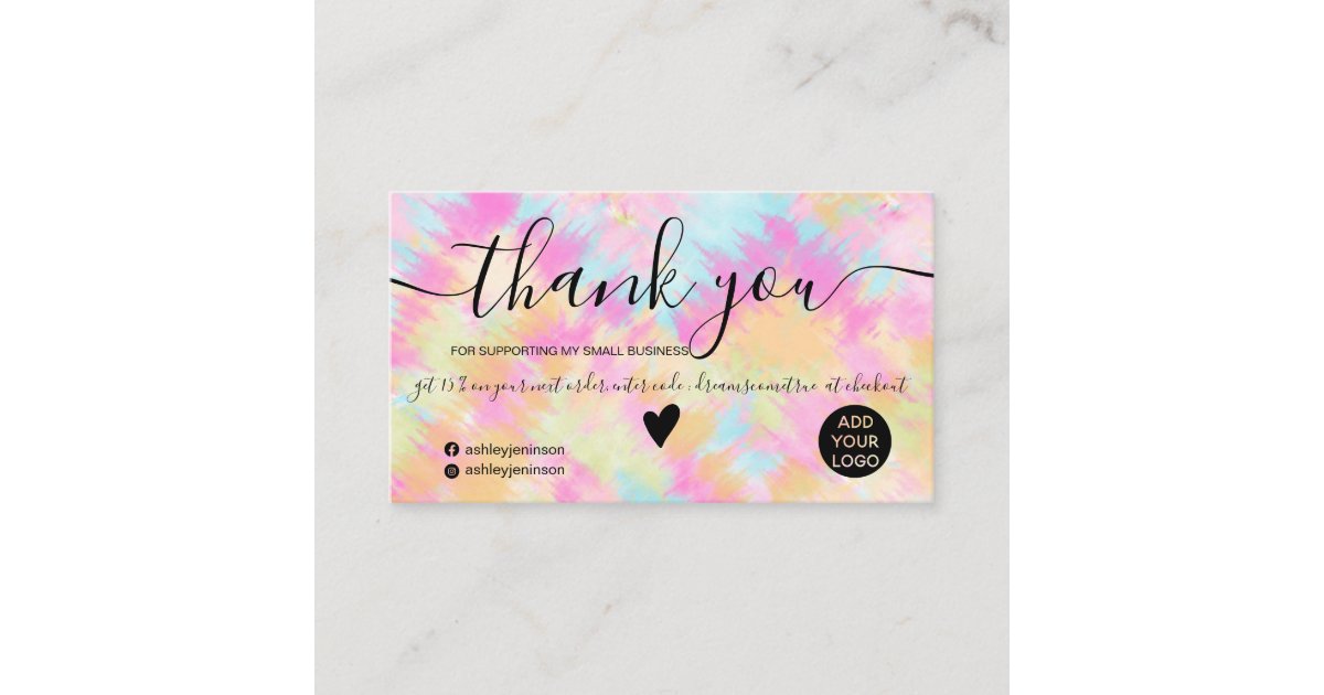 Chic pink rainbow unicorn tie dye order thank you business card | Zazzle