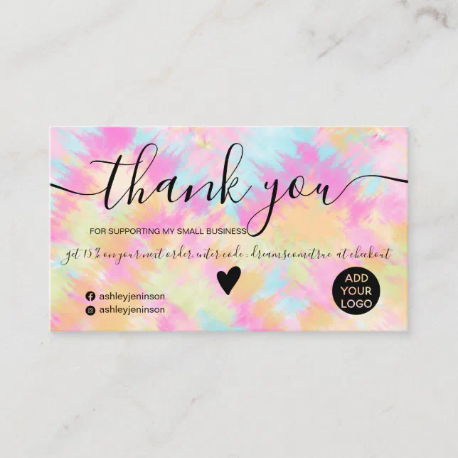 Chic pink rainbow unicorn tie dye order thank you business card | Zazzle