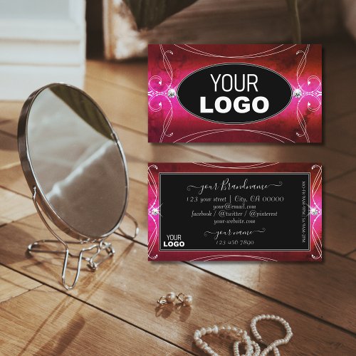 Chic Pink Red Black Ornate Sparkle Jewels Add Logo Business Card