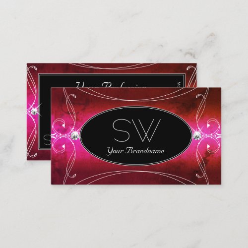 Chic Pink Red Black Ornate Sparkle Jewels Initials Business Card