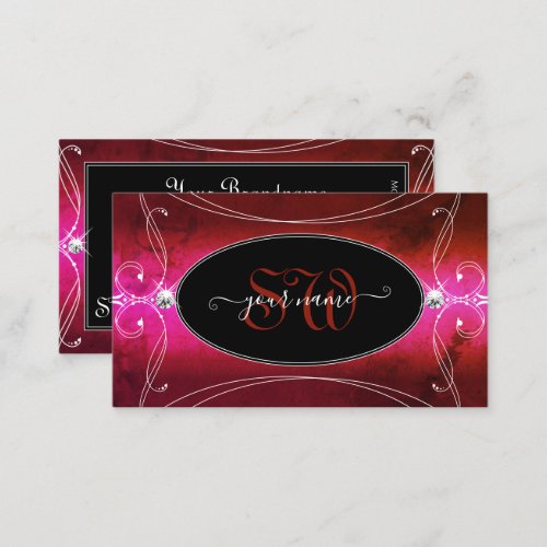 Chic Pink Red Black Ornate Sparkle Jewels Monogram Business Card